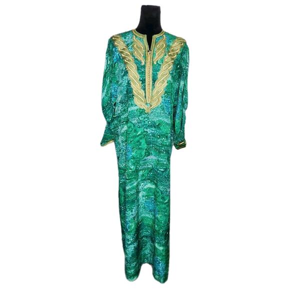 Vtg Najia's Couture green gold embroided Moroccan Abaya Kaftan Maxi Dress OS